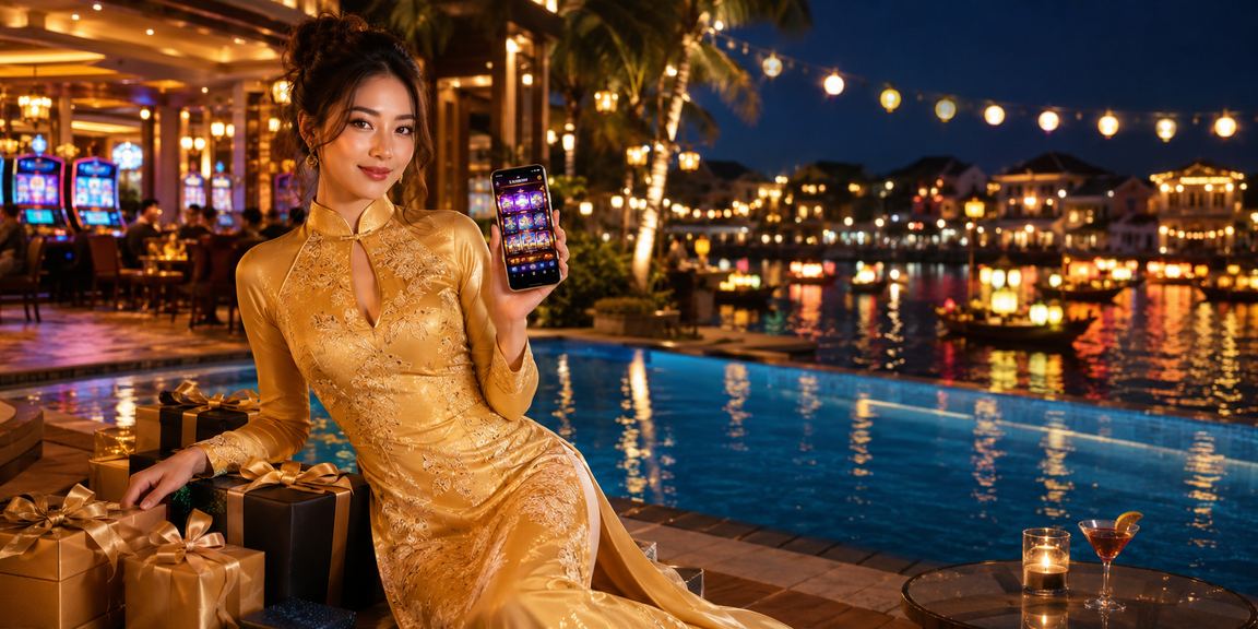 Người dùng trải nghiệm ứng dụng casino trên điện thoại tại Hội An với trang phục áo dài